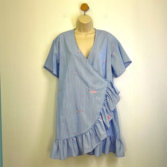 Romeo + Juliet - Flamingo Blue & White Stripe Ruffle Criss Cross Midi Dress Med - Picture 1 of 13